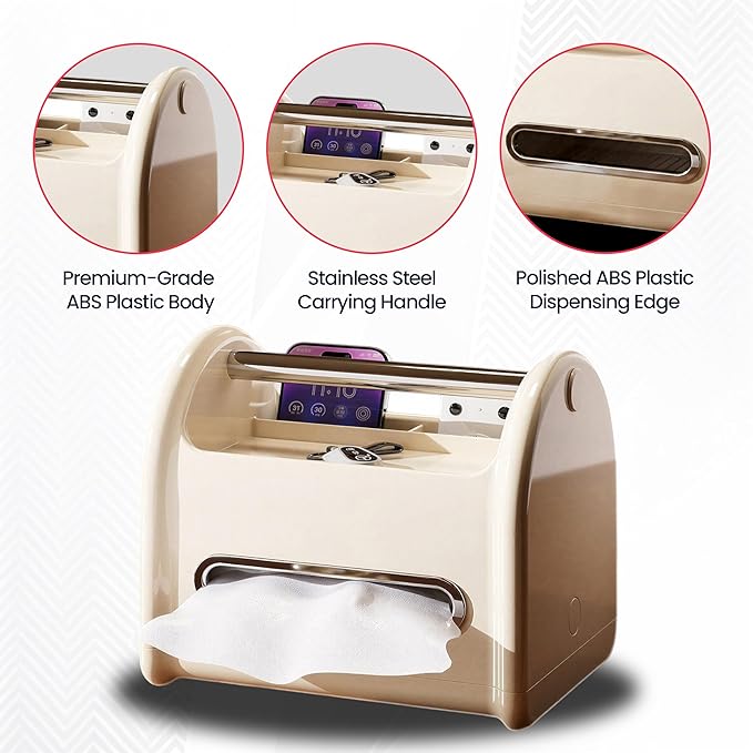 Tissue Box Cover & Napkin Holder with Storage Tray | Multifunctional Decorative Tissue Holder & Desk Organizer | Phone Holder for Car, Study Table, Daily Home Accessories, Desk, Bedside Table (White)