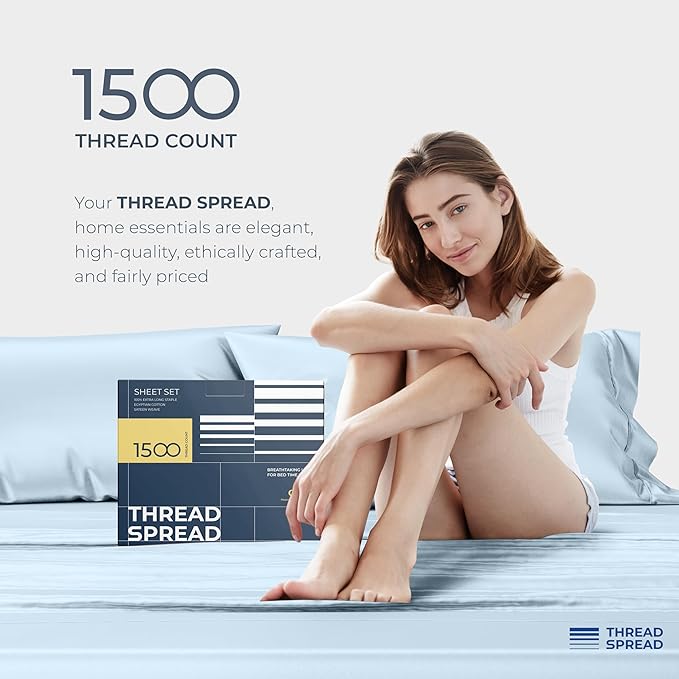 THREAD SPREAD 100% Egyptian Cotton Sheets Queen Size - 1500 Thread Count 4 PC Queen Sheet Set Egyptian Cotton, Sateen Luxury Sheets Queen Size, High Thread Count Sheets, 17" Deep Pocket - Light Blue