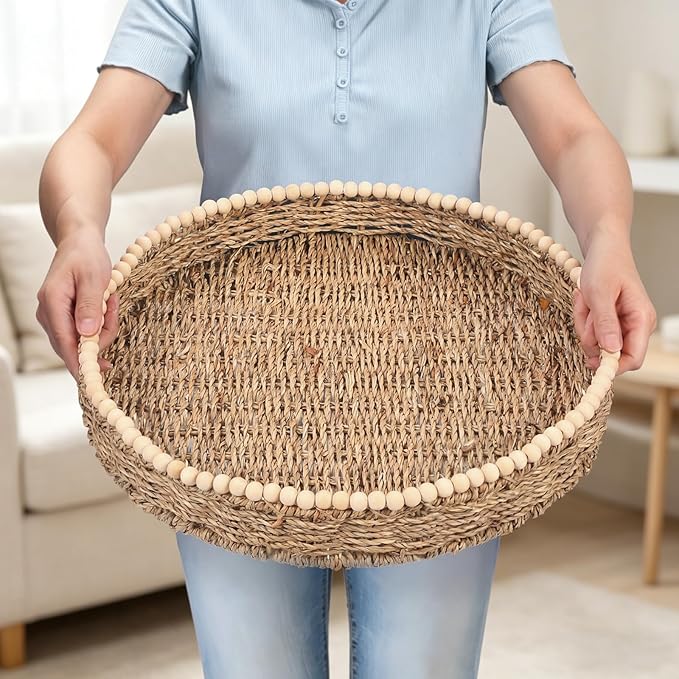 Round Wicker Tray 16'' Large Seagrass Tray Decor with Wooden Beads and Handles, Woven Dining Room Decor for Kitchen Counter, Living Room, Bedroom (Seagrass)