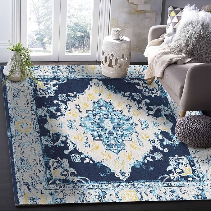 Bohemian Pattern Rectangular Area Rugs for Living Room Bedroom 5 x 8 ft Blue & Yellow Abstract Non-Shedding Soft Low Pile Rug Non Slip Washable Rug for Nursery Entryway Playroom