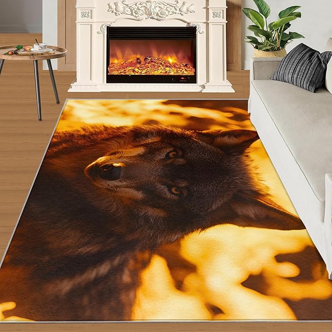 Wolf Rugs for Bedroom - 6x8 Area Rug - Timber Wolf Rugs for Living Room, Sunset Landscape Rug, Non-Slip Washable Home Decor Carpet