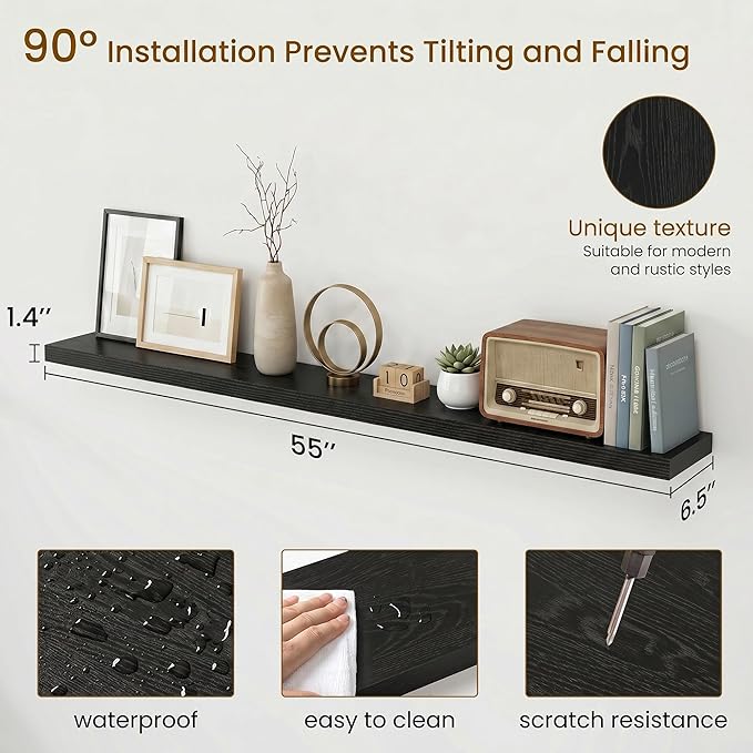 Dreamland Floating Shelves for Wall, Rustic Black Floating Shelves for Bathroom|Bedroom|Kitchen, Deep Wall Mounted Book Shelf, Wood Storage Display Shelf for Home Decor, Set of 2
