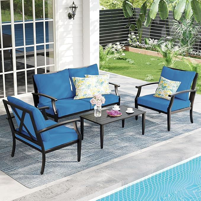 4 Piece Outdoor Patio Furniture Set, Oversized Metal Conversation Set