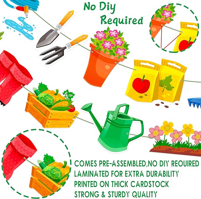 3Pcs Gardening Tool Banners Garden Birthday Party Decorations Garden Tool Theme Banner Garlands Hanging Decorations for Spring Theme Birthday Party Baby Shower Supplies