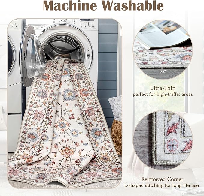 Washable Hallway Runner Rug 2.5x12ft - Long Non-Slip Cream Colorful Boho Runner Rug Low Pile Soft Vintage Bohemian Floral Runners for Hallways Kitchen Living Room Indoor Entryway Bedroom Foyer