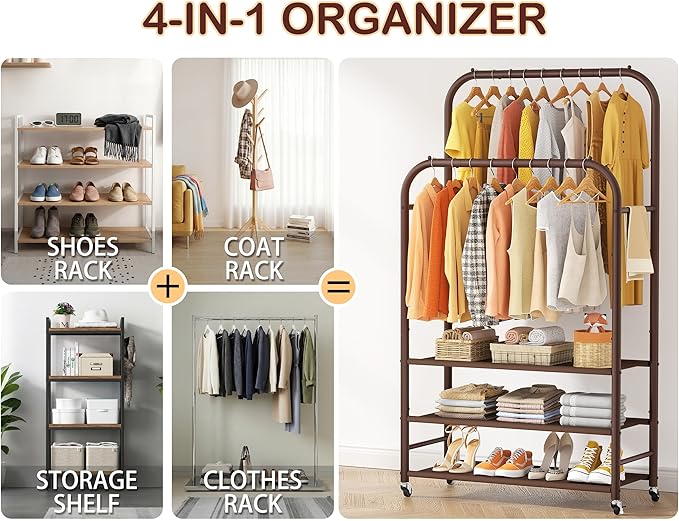 HOMIDEC Double Rods Clothes Rack Clothing Rack with 3 Tier Storage Shelves Clothes Rack for Hanging Clothes Multifunctional Heavy Duty Clothes Organizer for Bedroom,Wardrobe Closet,Shop,Brown