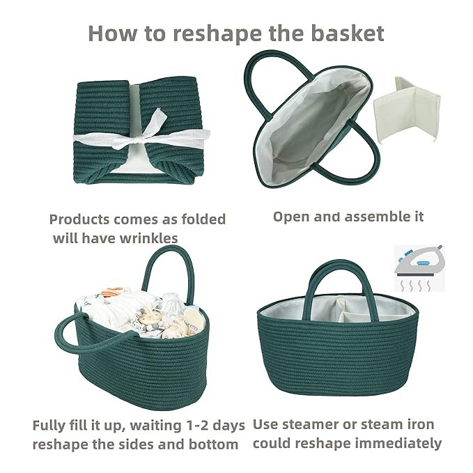 XUANGUO Large Baby Diaper Caddy Organizer for Girl Boy Rope Nursery Storage Bin Basket Portable Holder Tote Bag for Changing Table Car Travel Baby Shower Gifts basket dark green