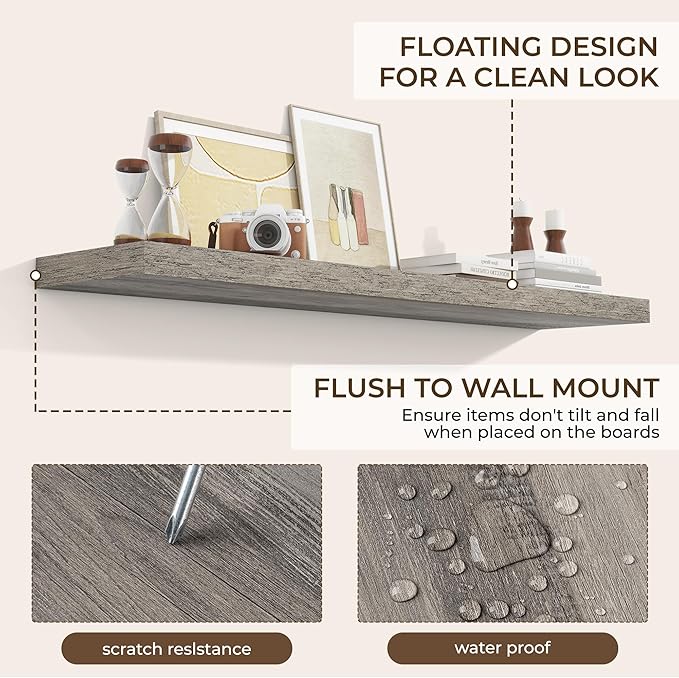 RICHFOCUS 55Inch Floating Shelves for Wall 2 Pack Shelves for Bedroom|Kitchen|Bathroom Wall Mounted Rustic Wood Floating Shelf with Invisible Brackets for Books|Storage|Decor, Grey