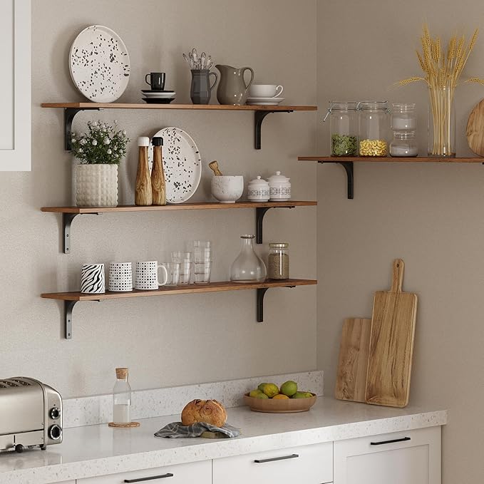 DINZI LVJ Long Wall Shelves, 47.3Inch Wall Mounted Shelves Set of 2, Extra Large Floating Storage Ledges with Sturdy Metal Brackets for Living Room, Bathroom, Bedroom, Kitchen, Rustic Brown