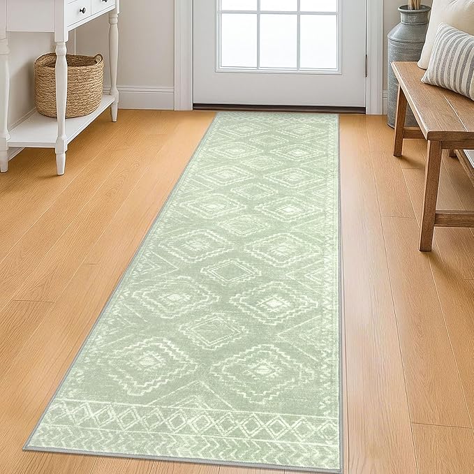 KILOCOCO Boho Kitchen Runner Rug 2x6 Washable Soft Runners for Hallways Non Slip Printed Distressed Laundry Room Rugs, Low-Pile Rugs for Entryway/Bedroom/Living Room, Grey Green