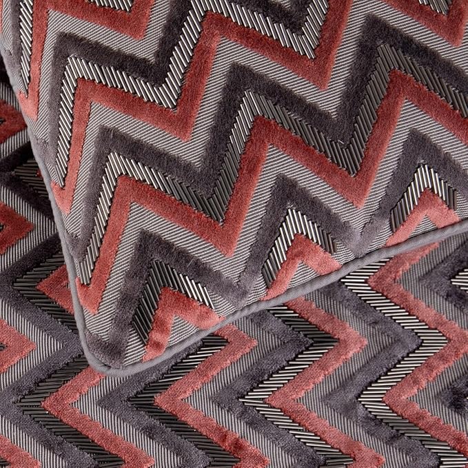 The HomeCentric Grey Bed Runner, Twin Size 53"x18" Decorative Bed Runner with 2 Matching Pillow Cover, Peach & Grey Velvet Bed Scarf in Bead Embroidery - Blushed Chevron