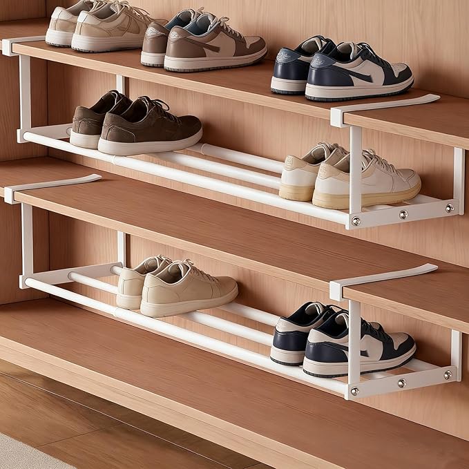 Under-Shelf Expandable Shoe Rack Organizer, White Metal, 40-70cm Width Adjustable, Cabinet Storage for Closet (2 Pcs)