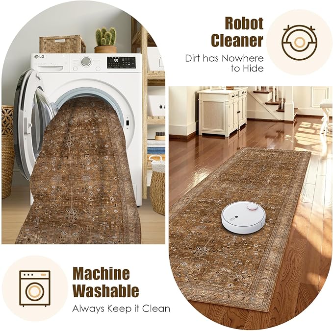Washable Area Rug 2'6'' x 8' Vintage Traditional Persian Mat - Foldable Distressed Non-Slip Machine Washable Carpet for Living Room Bedroom Kitchen Home Decor - Bronze and Ivory