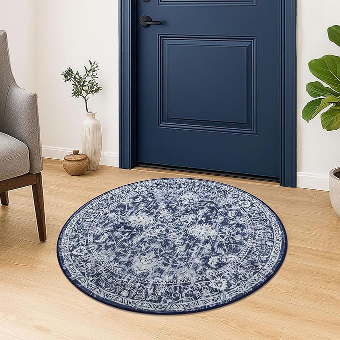 KILOCOCO Round Rug 3ft Vintage Floral Small Circle Rug Machine Washable Entryway Mat Non Slip Low-Pile Kitchen Rugs for Front Door Laundry Room Bathroom Moroccan Area Rugs, Blue