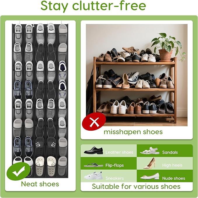 Over the Door Shoe Organizer with 40 Large Breathable Mesh Pockets, Space Saving Shoe Holder, Hanging Shoe Rack for Entryway Bedroom Closet Storage (Black, 80 Pockets)