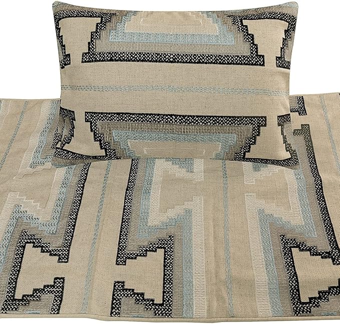 The HomeCentric King Queen Twin Blue & Ivory Designer King 90"x18" Bed Runner with 2 Pillow Cover, Embroidered Bed Scarf on Cotton Fabric - Aztec Armour