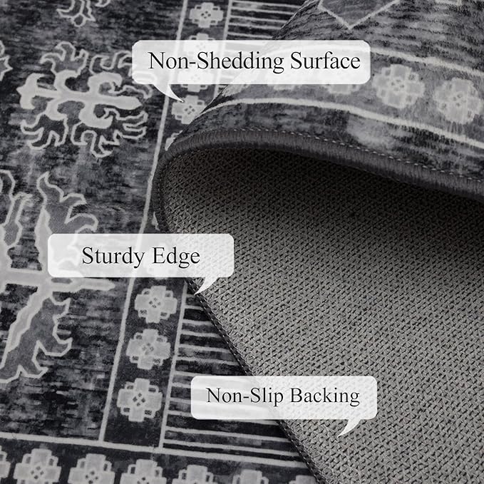 Washable Rugs 5x7 Area Rugs for Living Room, Thin Carpet for Bedroom, Soft Faux Wool Retro Dining Room Rug，Non Slip&Non-Shedding Resistant Low Pile Vintage Print Rug for Home Office (Grey)