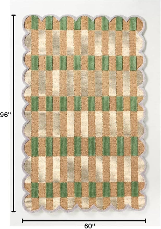 Hand-Tufted Wool Rug with Scalloped Edges, Light Blue Plaid Pattern, Cozy Soft Area Rug for Living Room, Bedroom, and Nursery, Handmade Modern Accent Rug (Green, 4X7 FEET)