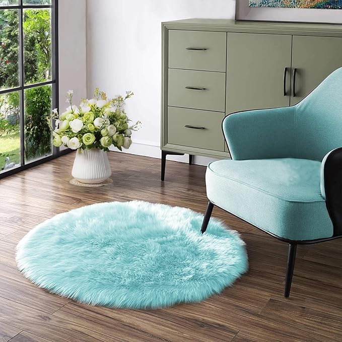 Latepis Blue Fur Circle Round Rugs 4ft Faux Sheepskin Rug Washable Fluffy Bedroom Rug Soft Bedside Boho Rugs Cute Room Décor