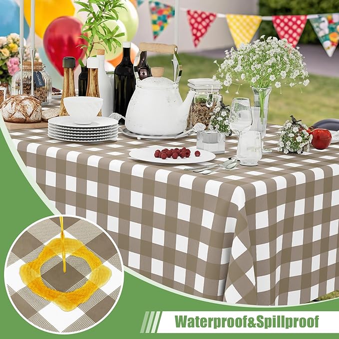 Smiry 3 Pack Khaki Gingham Disposable Tablecloths - 54" x 156" Heavy Duty Plastic Table Cloth, Waterproof Buffalo Plaid Table Covers for Picnic, Banquets, Outdoor Parties