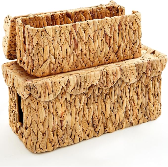 Patelai 2 Pack Scalloped Cable Management Box, Handwoven Water Hyacinth Cord Cable Organizer Box with Lid, 2 Open Slots Cord Basket for Power Strips & TV Wires, Desk, Floor, Office (Natural Color)