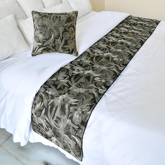 The HomeCentric King/Queen/Twin Grey Decorative Bed Runner Queen 74"x18" Bed Runner with One Pillow Cover, Embroidery, Floral, Pearl Bed Scarf on Jacquard Fabric - Liana