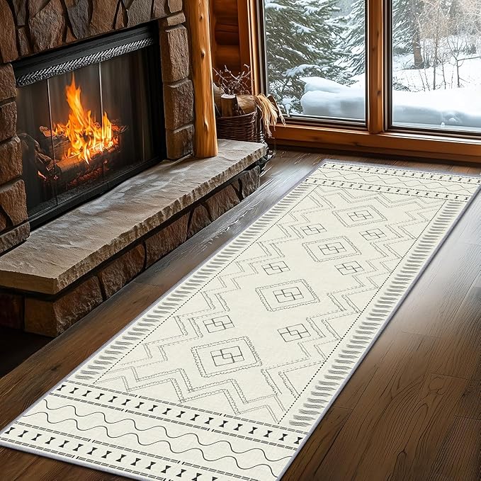 Beige White Runner Rug, 3x12ft Black Geometric Square Pattern Hallway Decor Rug - Modern Home Corridor & Foyer Accent Carpet, Non-Slip Mat Washable Rugs, Stylish Carpet for Hallway Spaces