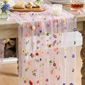 Artoid Mode Pink Embroidery Daisy Spring Gauze Table Runner 59x120 Inch 10FT, Seasonal Sheer Kitchen Dining Holiday Wedding Birthday Table Decor for Home Party