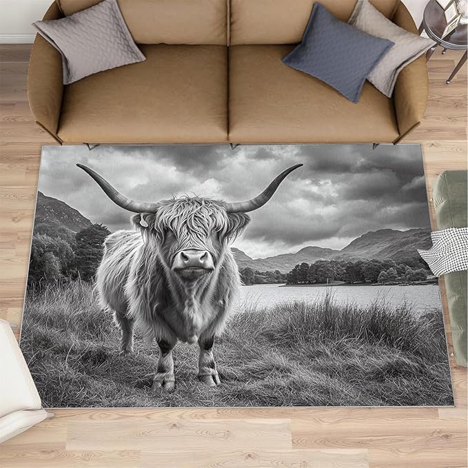 Highland Cattle Rugs for Bedroom - 2x3 Area Rug - Black White Highland Cattle Rugs for Living Room, 3D Natural Landscape Rug, Non-Slip Washable Home Decor Carpet