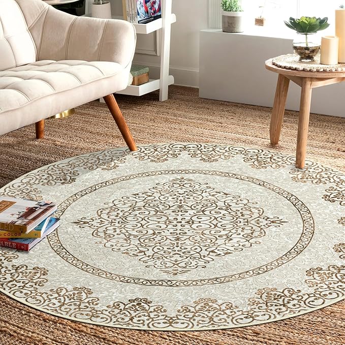 Easy-Going Round Rug 5ft Area Rug Washable Boho Neutral Circle Rugs for Living Room Non-Slip Bedroom Rug Low Pile Lightweight Floral Brown Print Vintage Throw Rug for Dining Room Kitchen Home Office