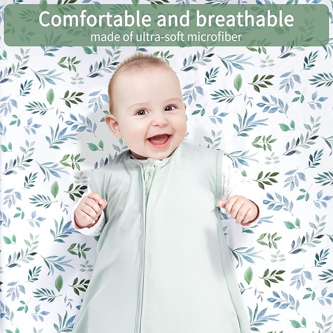 Baby Crib Sheets for Boys Girls, 2 Pack Fitted Crib Sheet for Standard Crib and Toddler Mattress, Soft Microfiber Baby Sheet 52x28x8in (Leaf & Green)