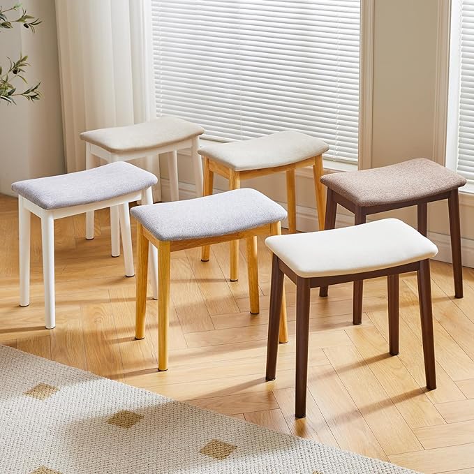 IBUYKE Saddle Cushion Vanity Stool Chair, Foot Rest Stool with Solid Wood Legs, Modern Vanity Bench Ottoman for Piano, Upholstered Seat for Bedroom, Entryway, Wooden Legs&Light Linen WBD007NY