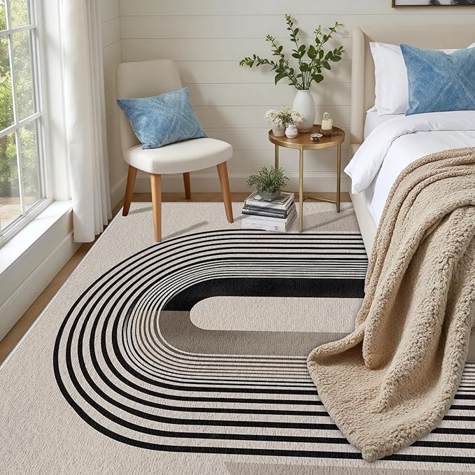 Modern Washable Rug for Living Room 5x8, Boho Abstract Striped Area Rugs, Soft Non Slip Low Pile Farmhouse Carpet for Bedroom Dining Room Kitchen, Stain Resistant, Pet Friendly, Beige Black