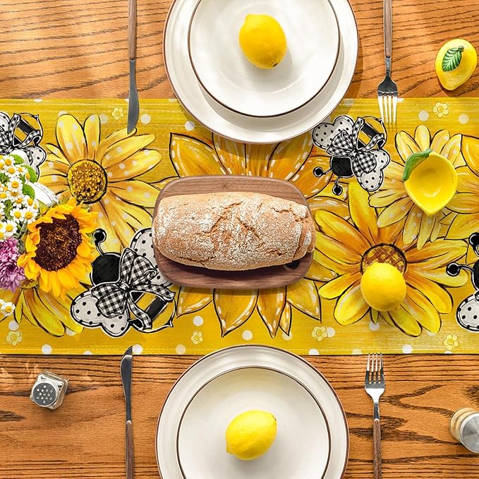 Artoid Mode Yellow Sunflower Bee Flower Polka Dot Summer Table Runner, Seasonal Kitchen Dining Table Decoration for Indoor Party Home 13x72 Inch