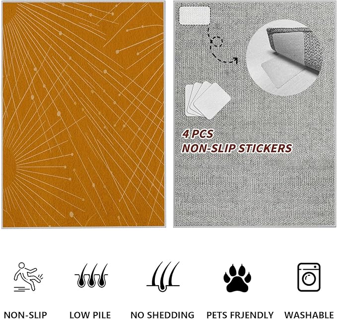 Modern Washable Area Rug 7x10, Boho Minimalist Non-Slip Rugs, Abstract Striped Soft Carpet for Living Room Bedroom Nursery Room Home Decor Office, Pet Friendly, Orange Beige