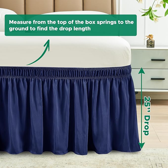 Biscaynebay Wrap Around Bed Skirts for King & Cal King Beds Extra Long Drop of 25", Navy Adjustable Elastic Dust Ruffles Easy Fit Wrinkle Resistant Silky Luxurious Fabric Machine Washable