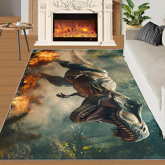 Dinosaurs Rugs for Bedroom - 6x8 Area Rug - Flame Dinosaurs Rugs for Living Room, Forest Landscape Rug, Washable Home Decor Carpet