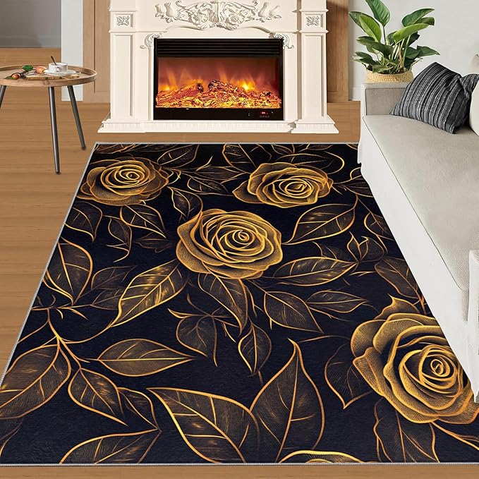 Rose Rugs for Bedroom - 4x6 Area Rug - Black Gold Flowers Rugs for Living Room, European Light Luxury Flowers Rug, Washable Home Decor Carpet