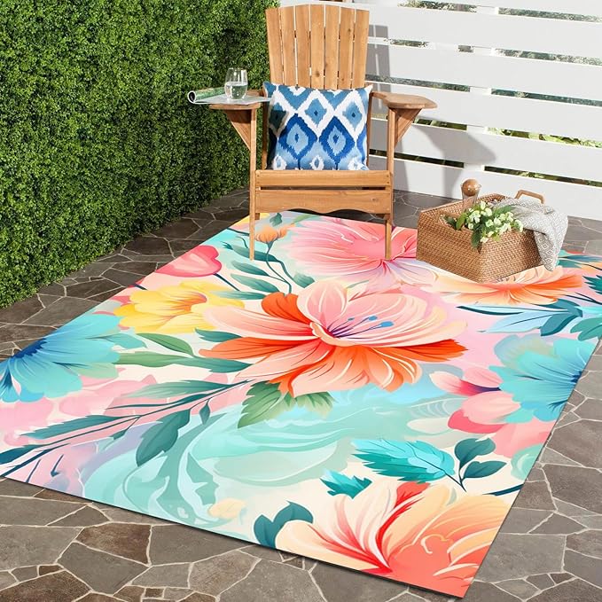 Washable Outdoor Rug with Floral Texture 10x12 Waterproof Non Slip Vibrant Area Rugs for Patio Deck Garden Balcony Large Flower Print Camping Porch Backyard Outside Carpet Aqua Pink