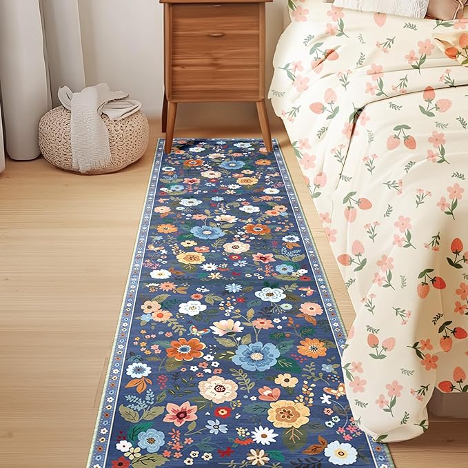 Floral 2x8 Area Rug Machine Washable Soft Print Boho Carpet Non Slip Doormat Low Pile Flower Area Rugs for Living Room Bedroom Nursery Kitchen Dining Room Indoor-Blue/Grey