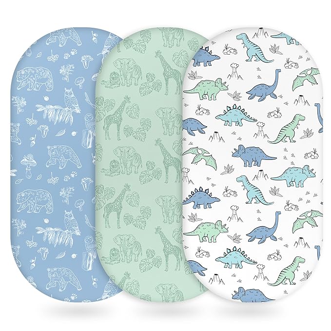 Baby Bassinet Sheets Girl Boy, Fitted Bassinet Sheet Set 3 Pack Bassinet Mattress Sheets Universal Fit for Rectangle, Round, Oval, Hourglass Mattress, Soft Breathable Green & Blue Dinosaur