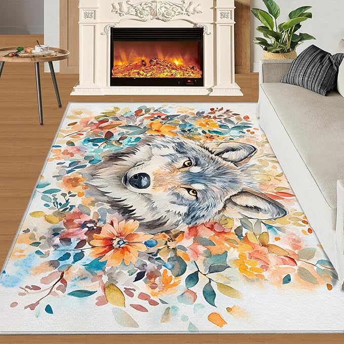 5x7 Wolf Rugs for Bedroom - Watercolor Florals Print Rug, Animals Rug Non Slip Soft Rugs for Living Room Hardwood Floors Teen Room
