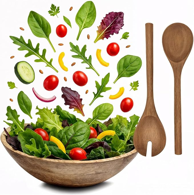 Large Wooden Salad Bowl 11.5 Inches with Serving Utensils, Wooden Fruit Bowl, Mango Wood Bowl Set for Serving, Large Wood Salad Bowl for Family Meals, Pasta, Popcorn, Handcrafted Wooden Serving Bowl