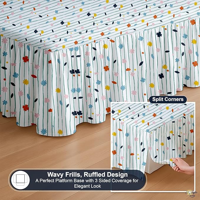 Cottington Lane Ruffled Bed Skirt Twin Size with Split Corner, Brushed Microfiber Hotel Quality Dust Ruffle, 15 Inch Drop Gathered Bedskirt, Soft, Stylish, Shrink & Fade Resistant, Ray of Flowers