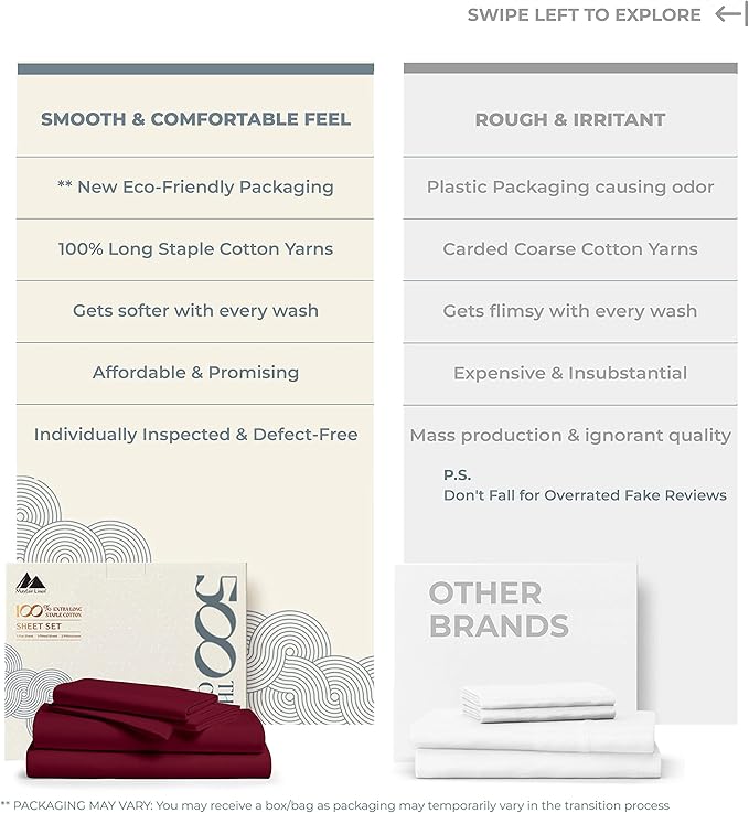 Mayfair Linen 100% Cotton Bed Sheets Queen Set - 500 Thread Count Cotton Sheets for Queen Size Bed, 4 PC Set (Burgundy), Ultra Soft, Cooling, Sateen Weave 16" Deep Pocket Bedsheet for Hot Sleepers