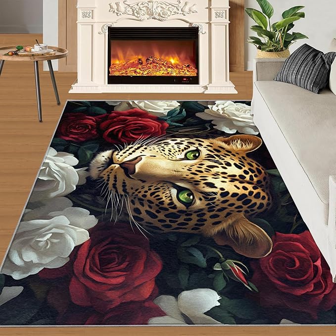Leopard Rugs for Bedroom - 4x5 Area Rug - Flowers Leopard Rugs for Living Room, 3D Flowers Animal Rug, Washable Home Decor Carpet