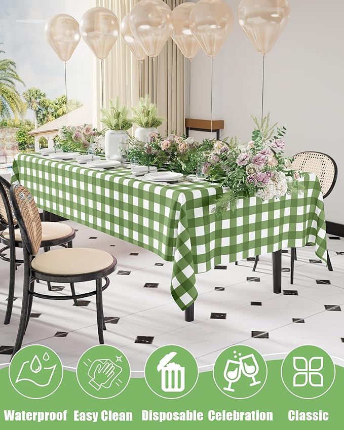 Smiry 20 Packs Gingham Disposable Table Cloth, 54 x 108 Inch Waterproof Plastic Tablecloth, Rectangle Sage Green and White Checkered Table Covers for Picnic, Birthday, Party