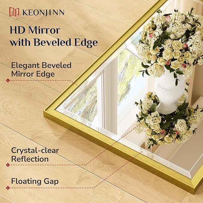 Keonjinn 16" x 24" Gold Bathroom Mirrors, Brushed Gold Framed Mirror, Beveled Tempered Glass, Shatterproof, Lightweight, Modern Farmhouse Rectangle Mirror for Decor, French Cleat Wall-Mounted Mirrors