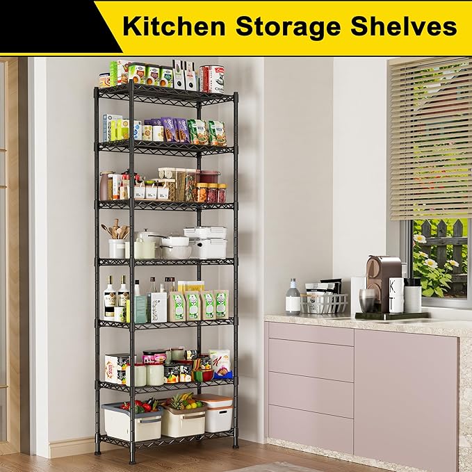 GIOTORENT 7-Wire Garage Shelving Storage Shelves, Kitchen Storage Adjustable Shelf, Metal Shelves 1400Lbs Capacity 24" W x 14" D x 71.6" H for Laundry Bathroom Pantry Closet, Black
