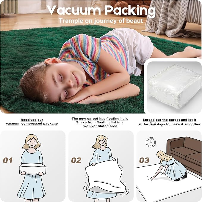4x6 Dark Green Rugs for Bedroom Living Room, Fluffy Small Area Rug Soft Shag Carpet for Kids Boys and Girls Room with 4 Rugs Non-Slip Stickers Dorm Home Decor (4ft x 6ft)